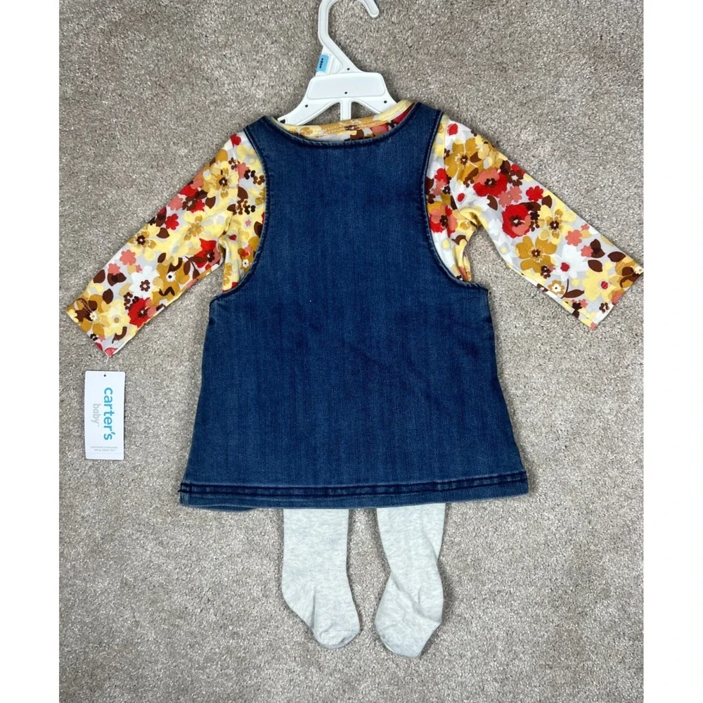 Carters Baby Girls 6M‎ 3-Piece Denim Jumper Floral Bodysuit and Tights Set NEW